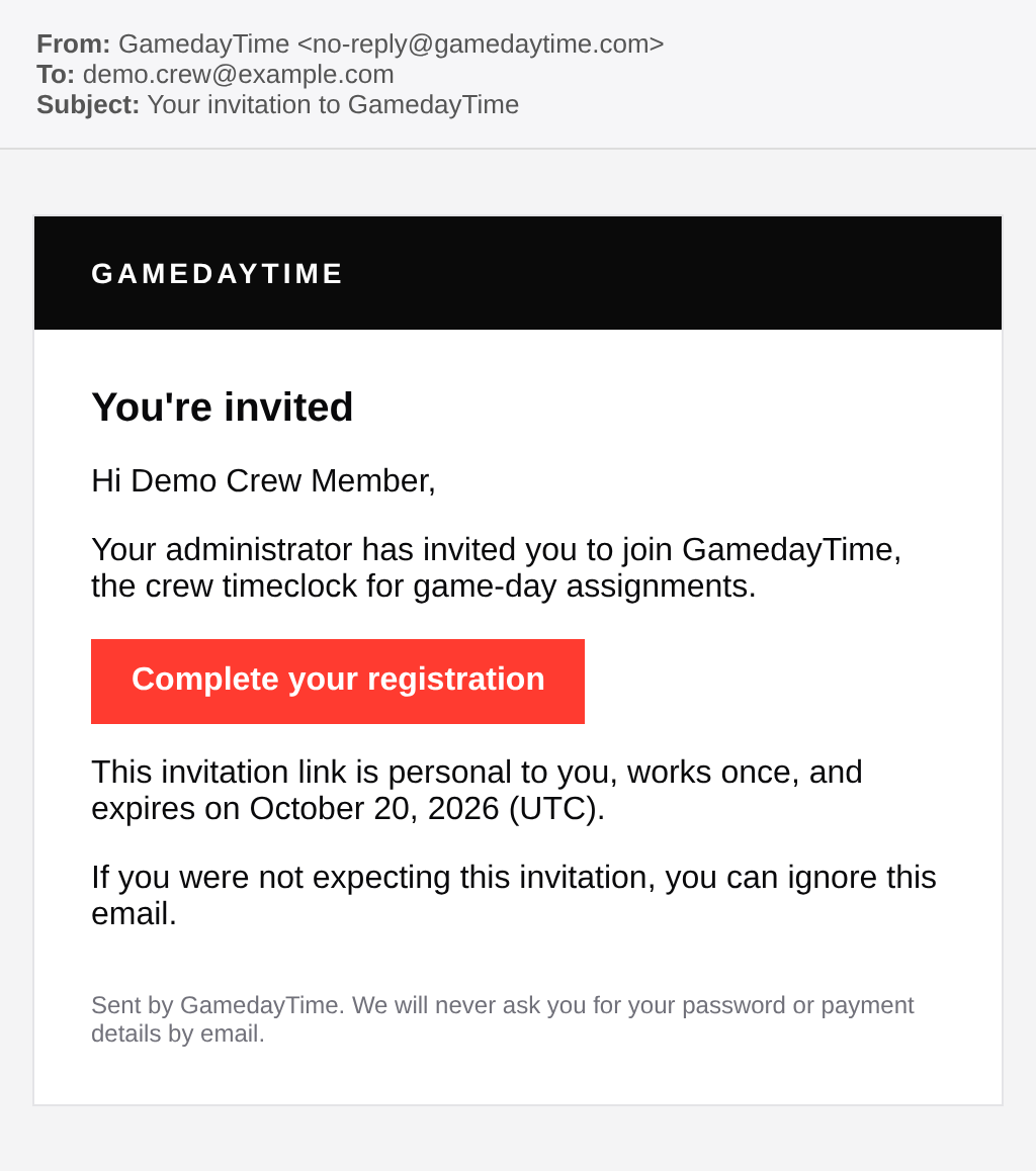 Invitation email from GamedayTime with a personal registration link