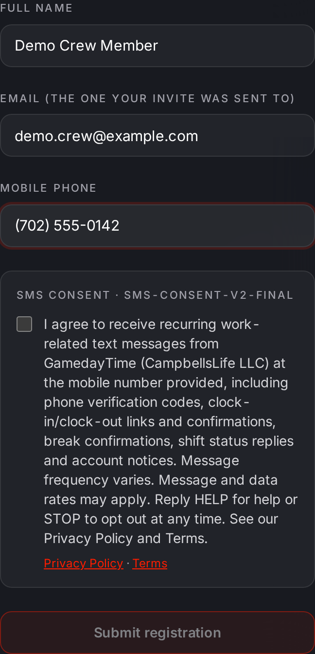 Registration form with name, email and mobile phone fields and an unchecked SMS consent checkbox showing the full consent text with Privacy Policy and Terms links