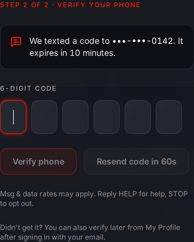 Phone verification step asking for the 6-digit code sent by text message
