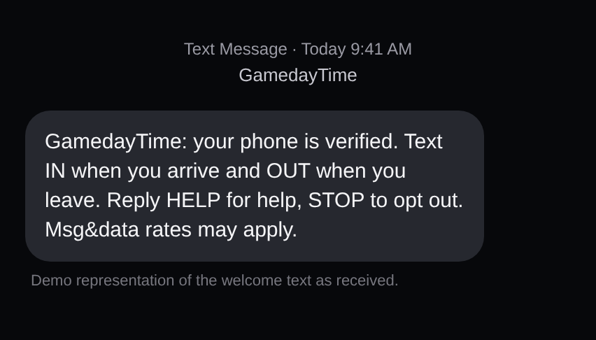 Welcome text message received on a phone confirming the number is verified, with HELP and STOP instructions